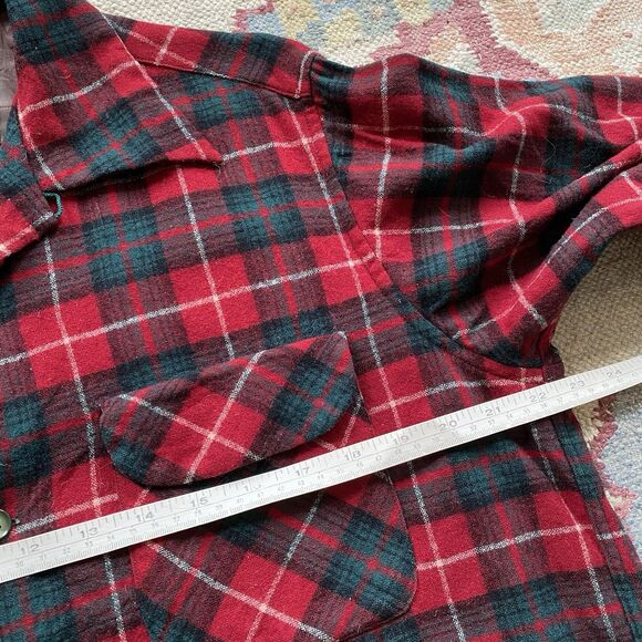 Vintage 60s Pendleton Board Shirt Large Wool Loop Red Green Plaid Square Hem - Picture 6 of 8